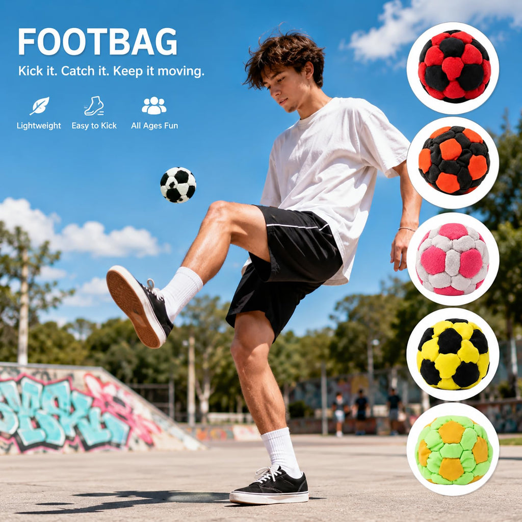 6 Pack Soccer Footbags - Soft Fleece Juggling Balls for Adults - Durable Kick Sacks for Agility Training & Coordination - Indoor Soccer Accessories, Party Favors, Stocking Stuffers