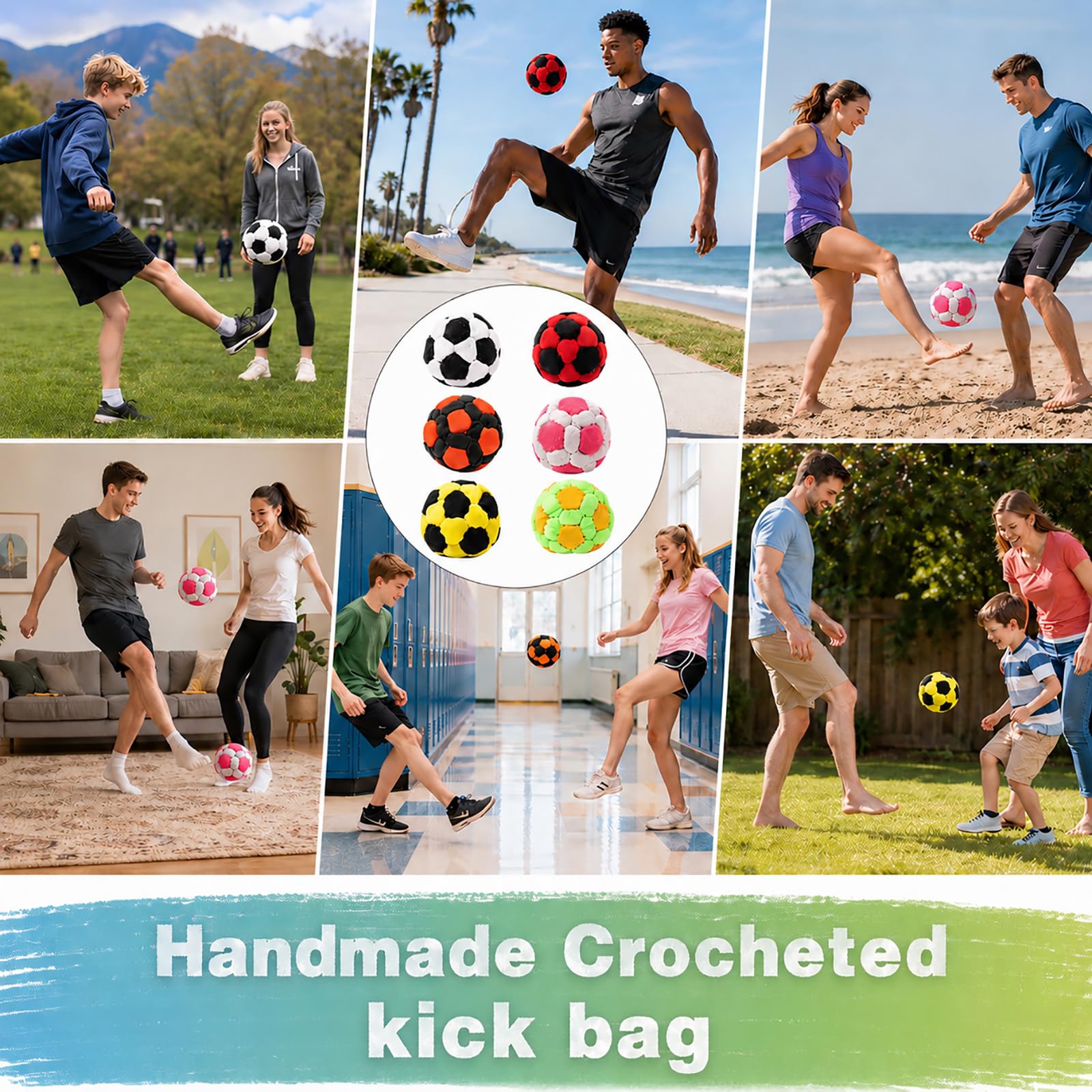 6 Pack Soccer Footbags - Soft Fleece Juggling Balls for Adults - Durable Kick Sacks for Agility Training & Coordination - Indoor Soccer Accessories, Party Favors, Stocking Stuffers