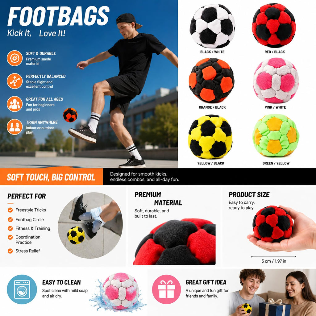 6 Pack Soccer Footbags - Soft Fleece Juggling Balls for Adults - Durable Kick Sacks for Agility Training & Coordination - Indoor Soccer Accessories, Party Favors, Stocking Stuffers