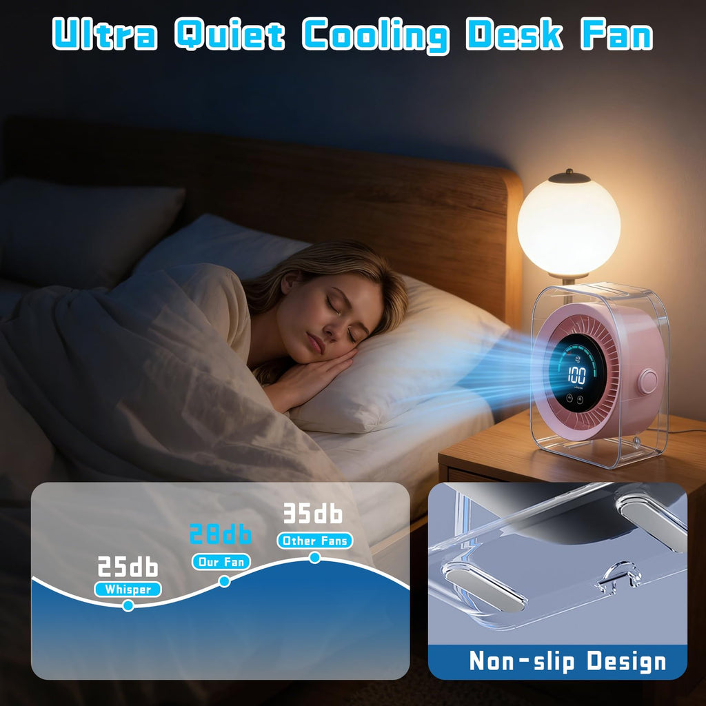 Small Portable Desk Fan, 4000mAh USB Rechargeable Mini Table Fan with 100 Speeds Turbo Airflow, 360° Adjustable, LED Display, Quiet Desktop Cooling Fans for Home Office Travel-Pink