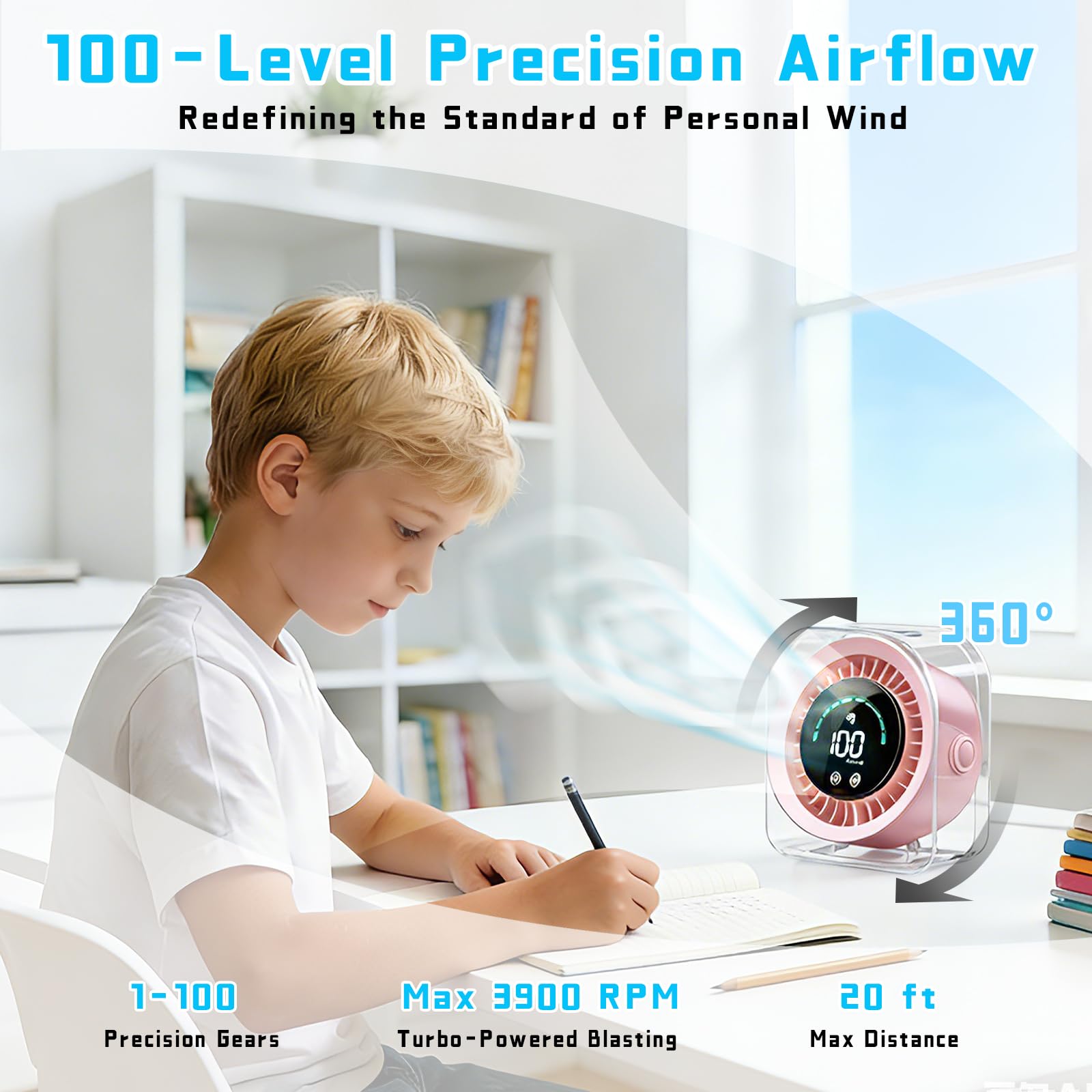 Small Portable Desk Fan, 4000mAh USB Rechargeable Mini Table Fan with 100 Speeds Turbo Airflow, 360° Adjustable, LED Display, Quiet Desktop Cooling Fans for Home Office Travel-Pink