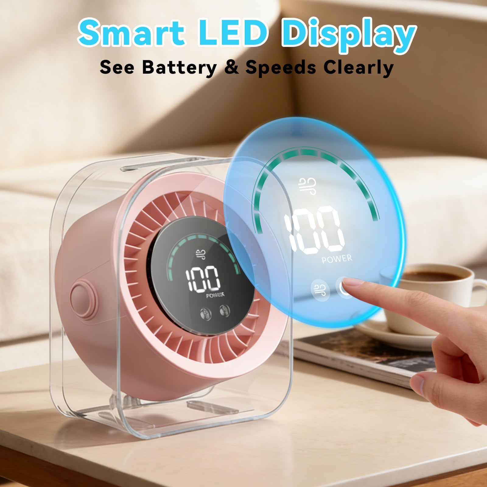 Small Portable Desk Fan, 4000mAh USB Rechargeable Mini Table Fan with 100 Speeds Turbo Airflow, 360° Adjustable, LED Display, Quiet Desktop Cooling Fans for Home Office Travel-Pink
