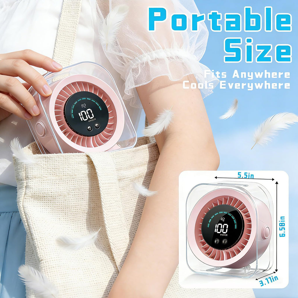 Small Portable Desk Fan, 4000mAh USB Rechargeable Mini Table Fan with 100 Speeds Turbo Airflow, 360° Adjustable, LED Display, Quiet Desktop Cooling Fans for Home Office Travel-Pink