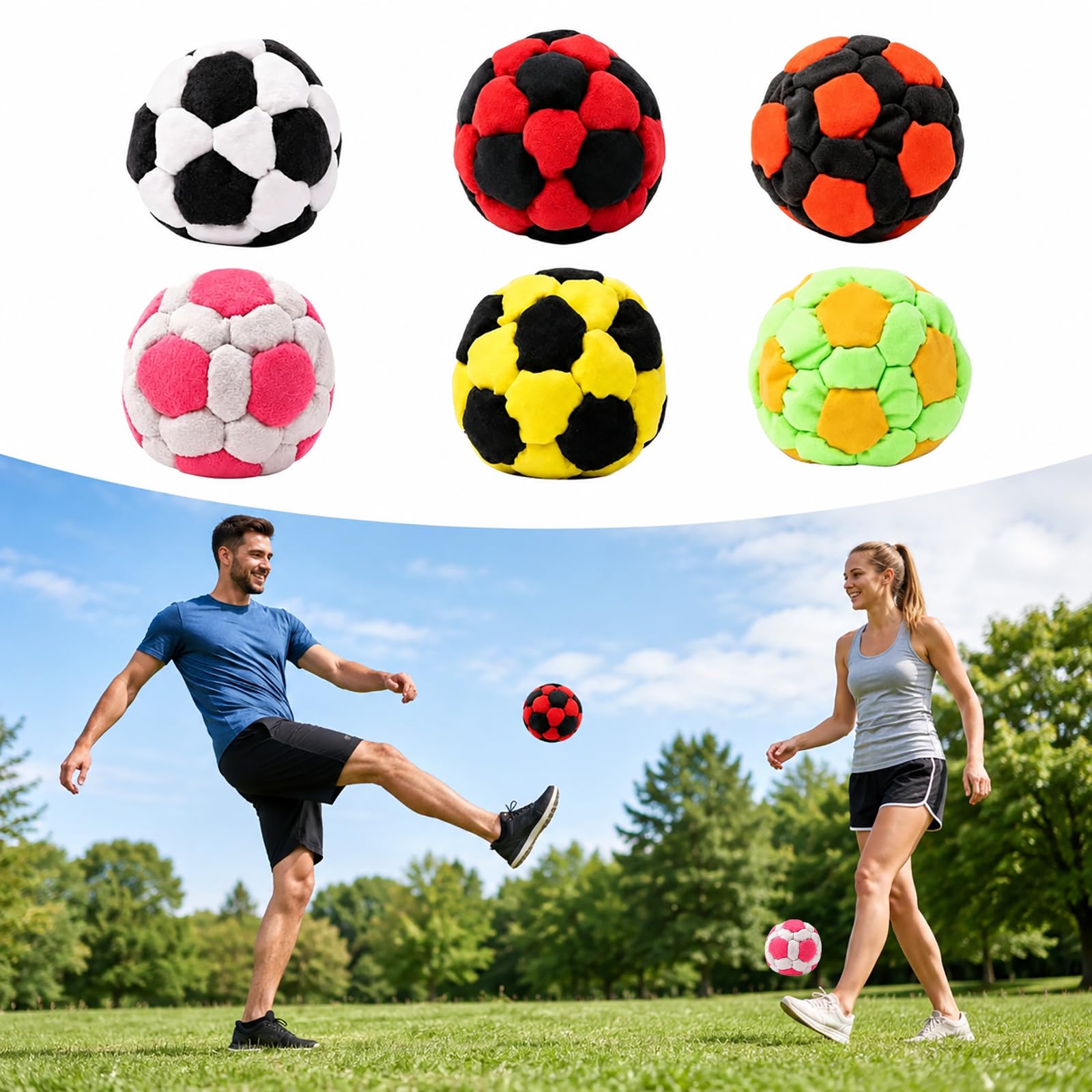 6 Pack Soccer Footbags - Soft Fleece Juggling Balls for Adults - Durable Kick Sacks for Agility Training & Coordination - Indoor Soccer Accessories, Party Favors, Stocking Stuffers